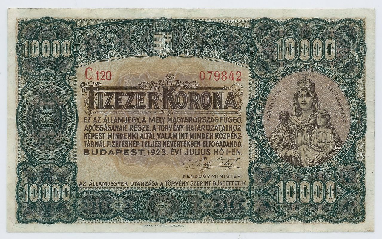 Венгрия 10000 крон 1923 г. №77c Orell Fussli Zurich